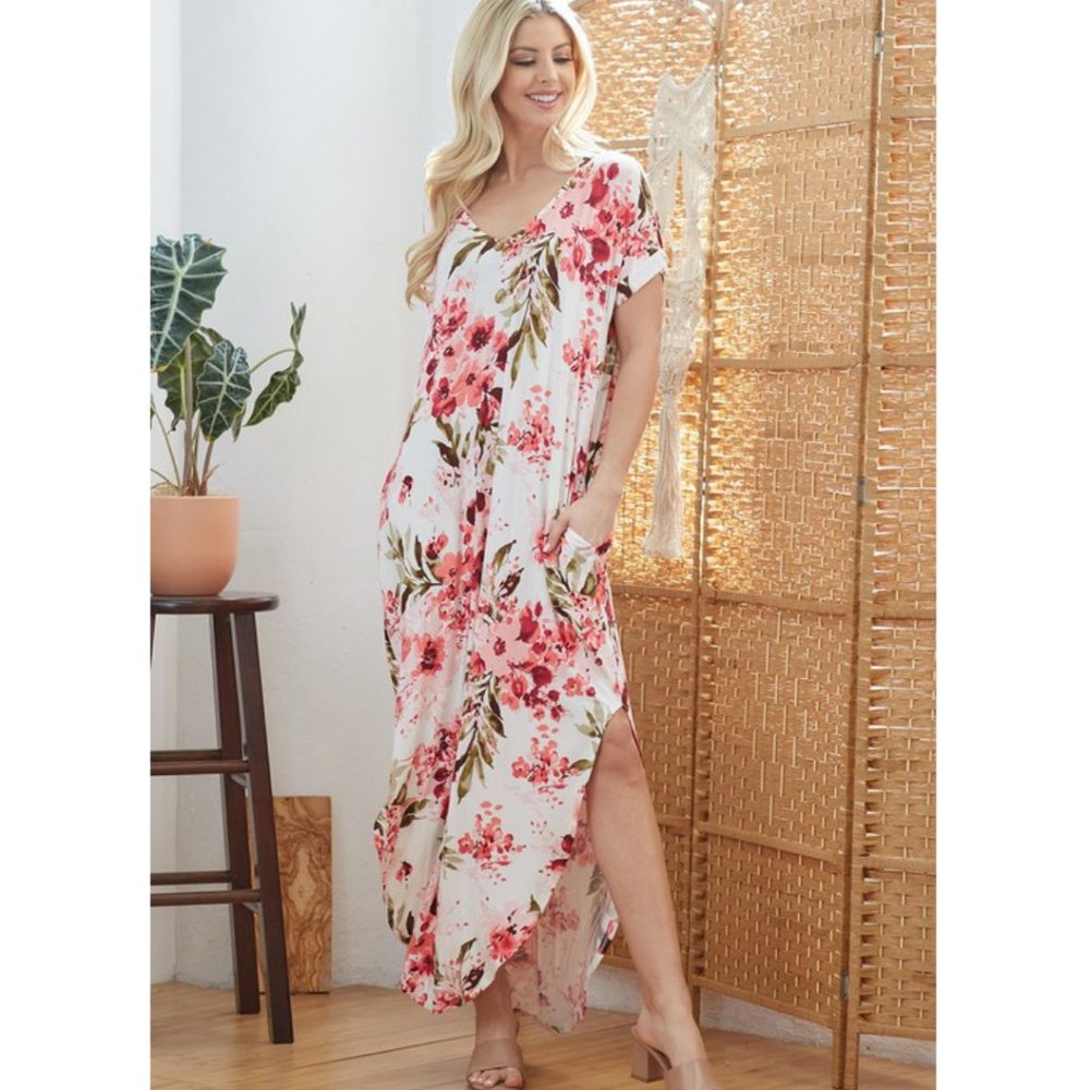 Cream Floral Print Maxi Dress With Side Slits - Picture 3 of 4
